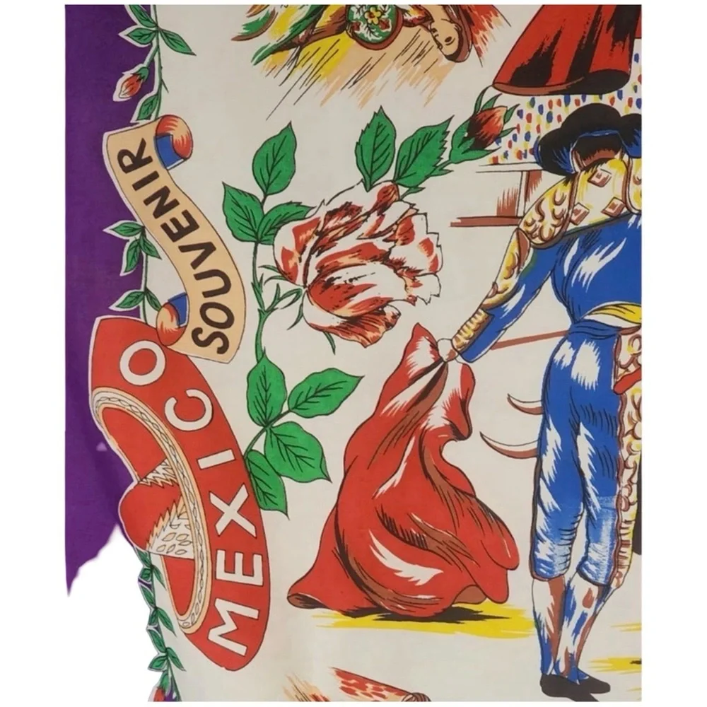 Vintage Souvenir Glitter Scarf Mexico Matador Bullfighting Print 35x35” RARE